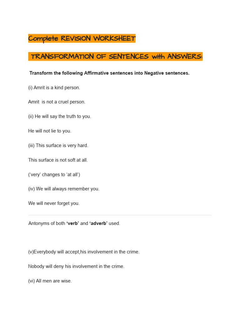 Sentence Transformation Worksheet | PDF | Linguistics | Grammar