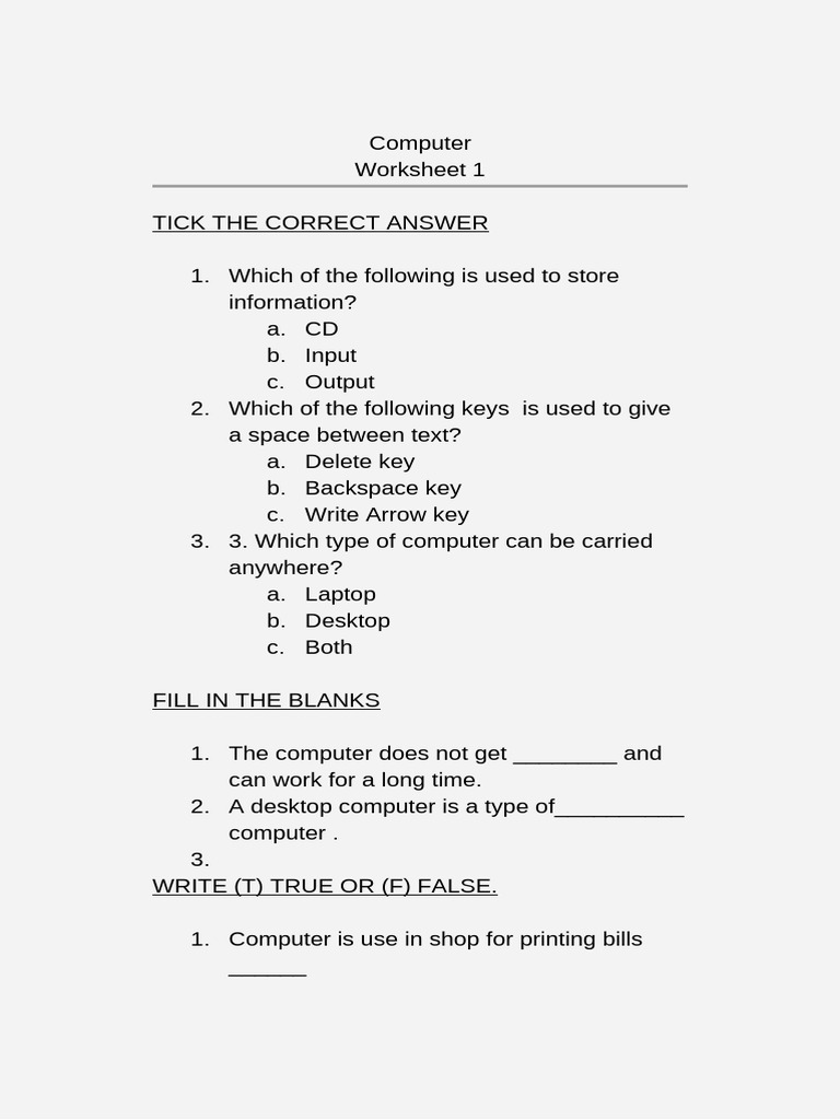 Computer Basics Worksheet for Students | PDF