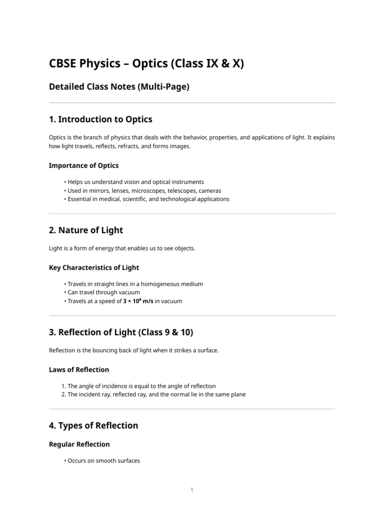 CBSE Class IX & X Optics Notes | PDF | Mirror | Optics
