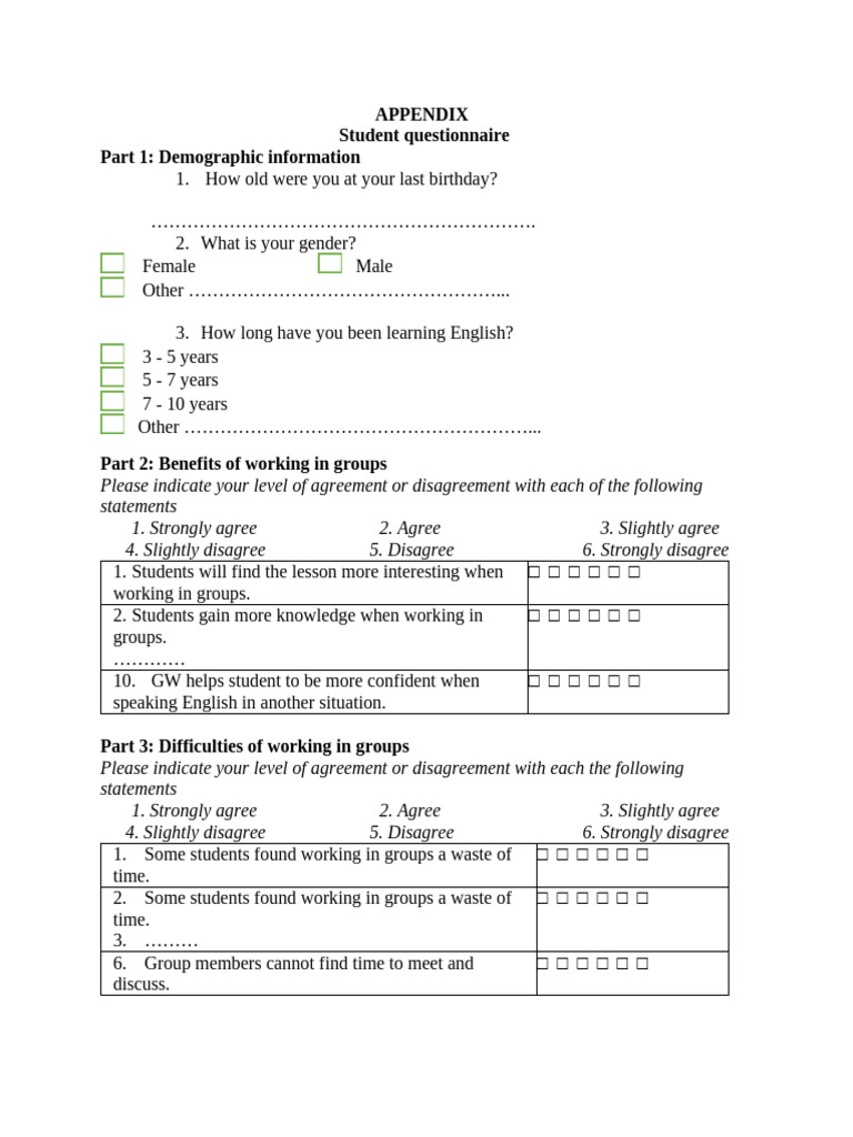 Student Group Work Questionnaire | PDF