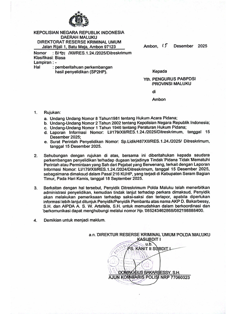 SP2HP 491 A.N. Pengurus PABPDSI Provinsi Maluku | PDF
