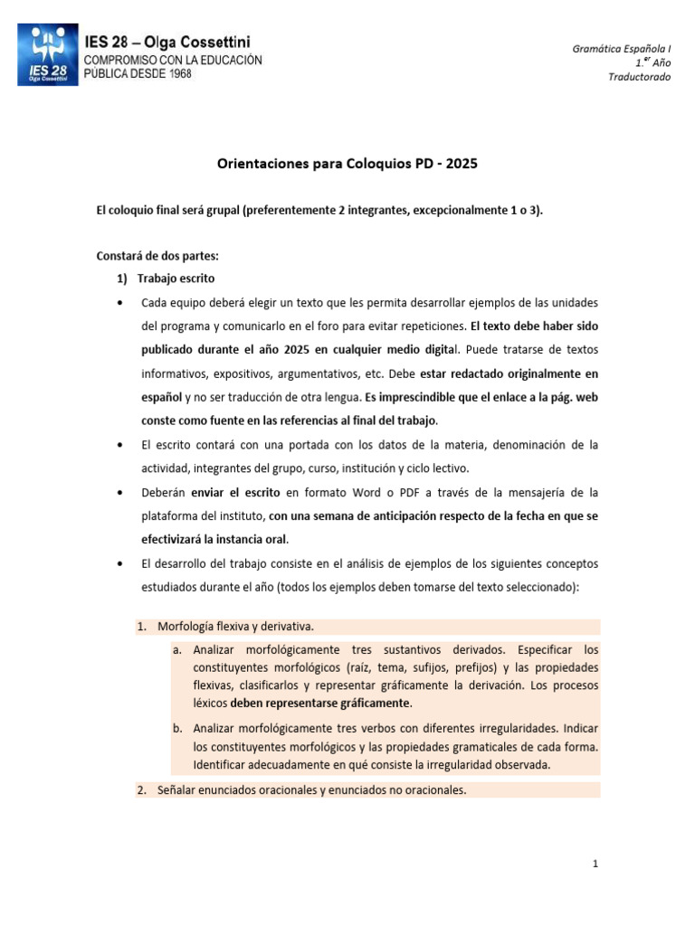 Orientaciones para Coloquios 2025 | PDF | Verbo | Oración (Lingüística)