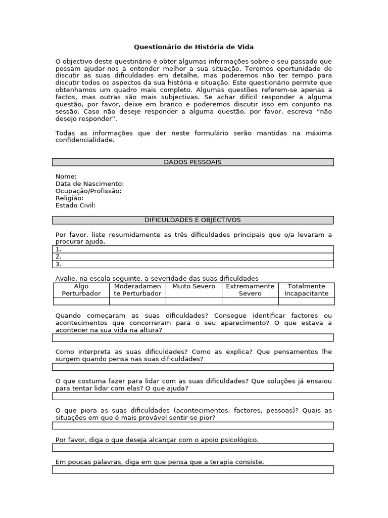 Questionário de História de Vida e Dificuldades | PDF | Família ...