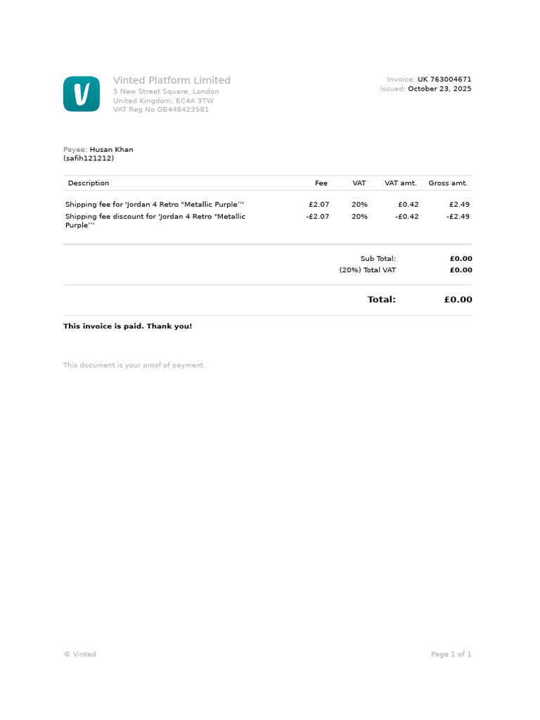 Vinted Invoice for Jordan 4 Shipping | PDF