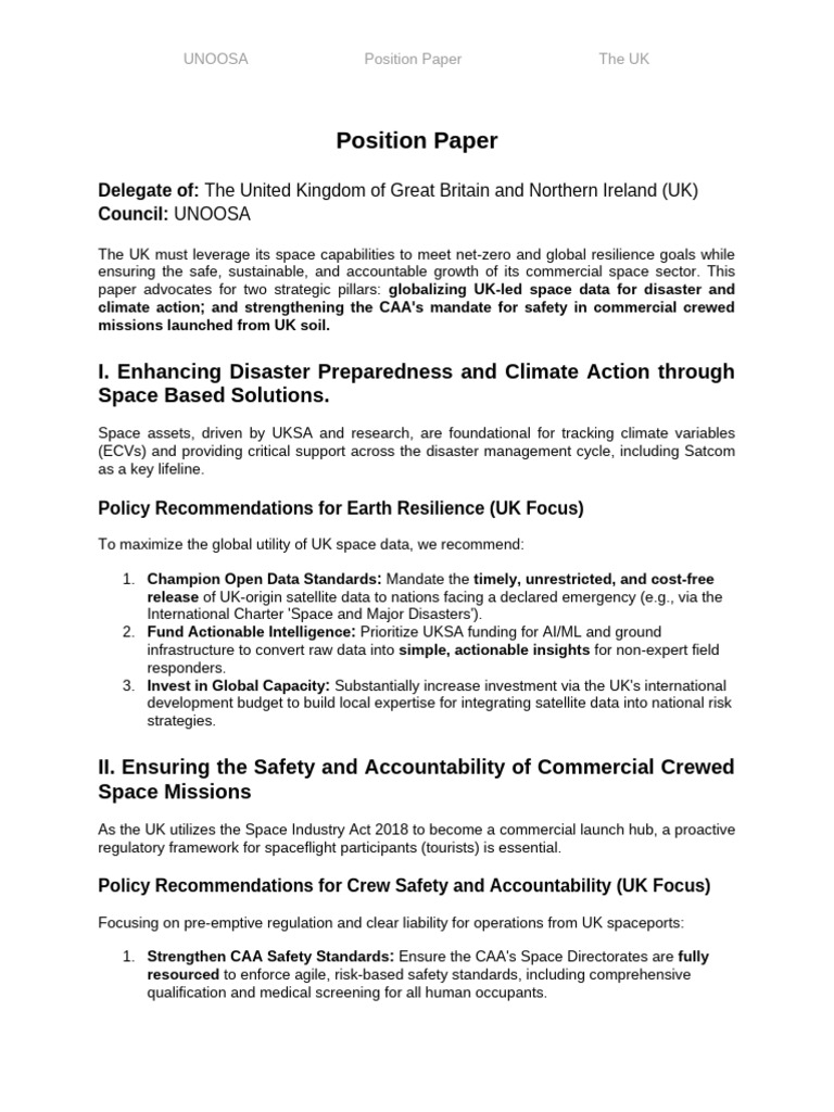 Position Paper - UK UNOOSA BMUN 2025 | PDF | Spaceflight | Emergency ...