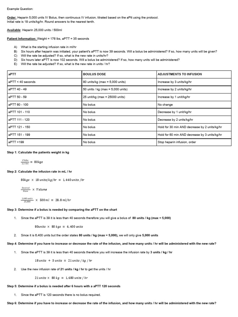 Heparin Infusion Protocol Calculations | PDF | Intravenous Therapy ...