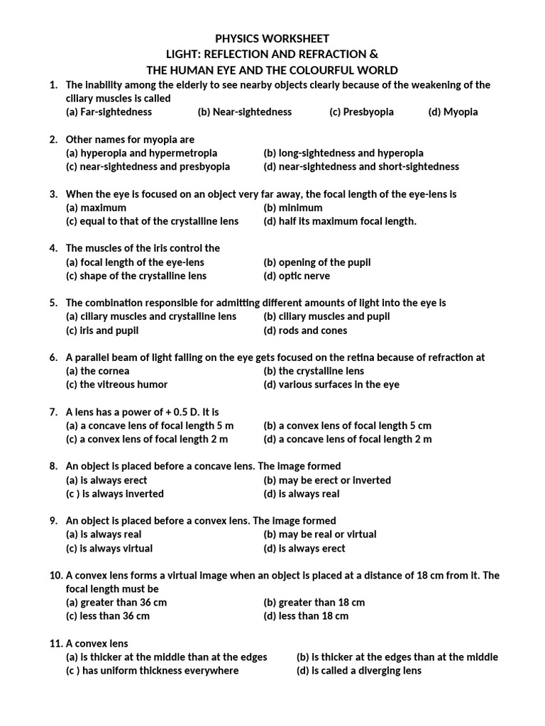 Light Reflection, Refraction & Eye Quiz | PDF | Eye | Myopia