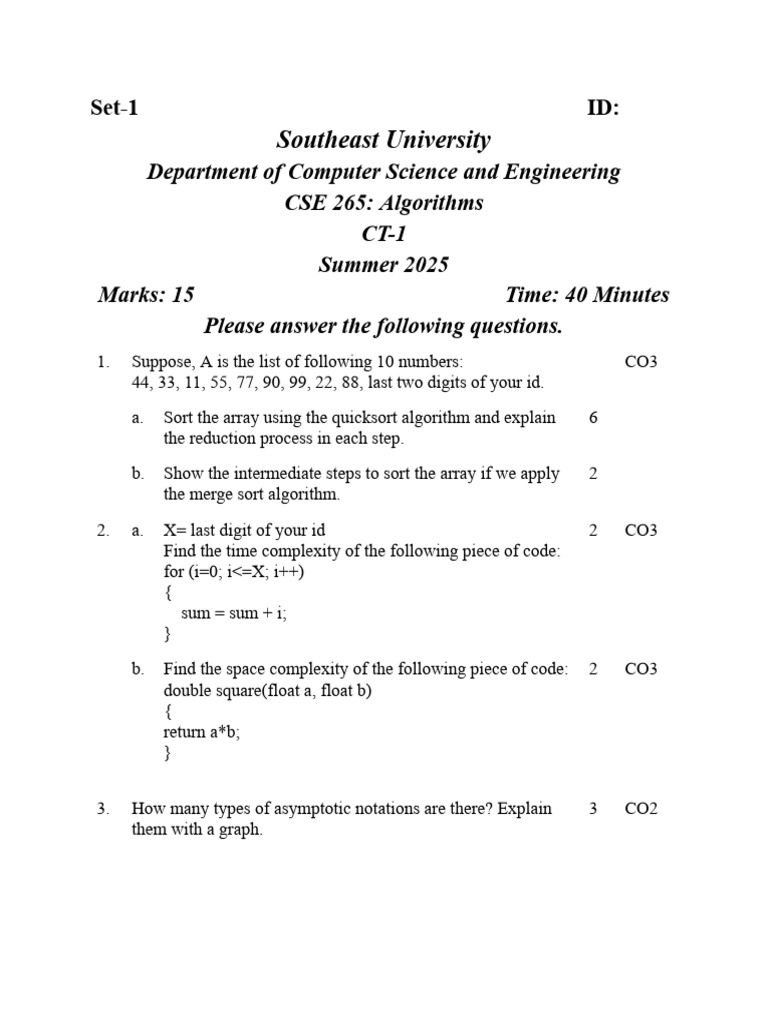 Fall 25 Algorithms CT 1 Set 1 | PDF