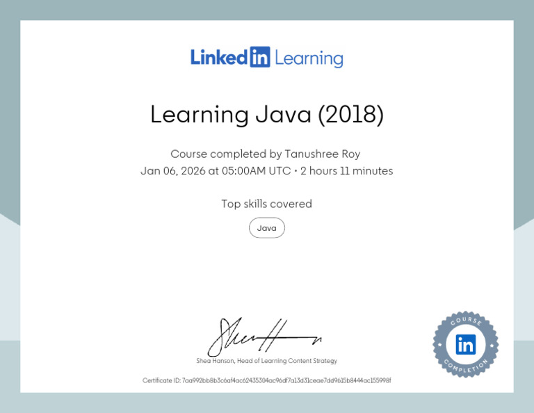 CertificateOfCompletion Learning Java 2018 | PDF