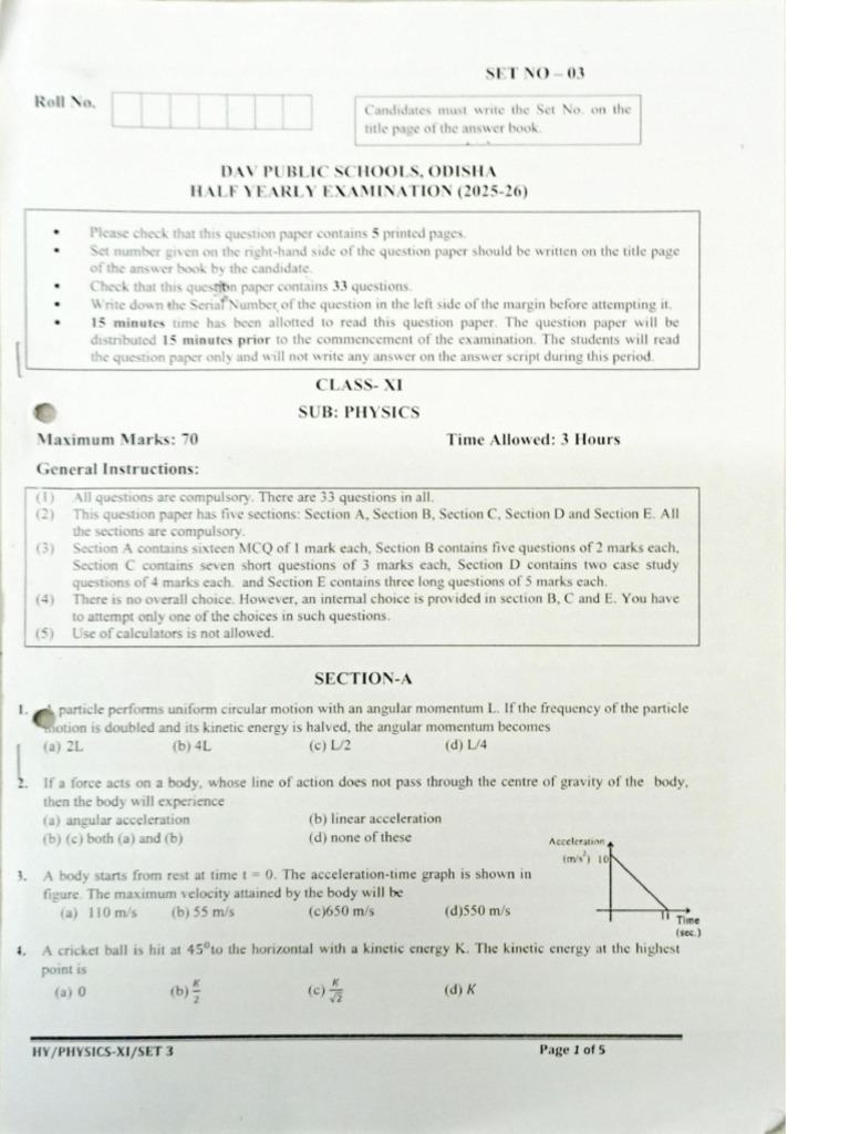 Xi Hy QP Phy Set 3 2025 26 | PDF