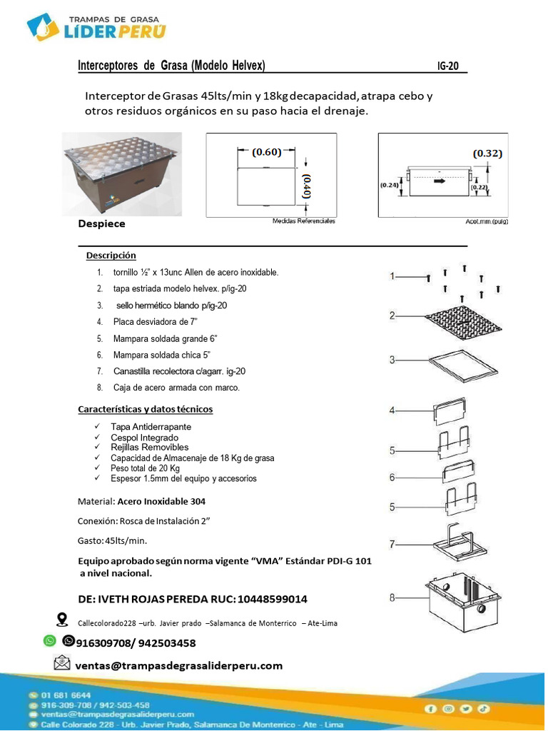 Interceptor de Grasa Helvex IG-20 45L/min | PDF