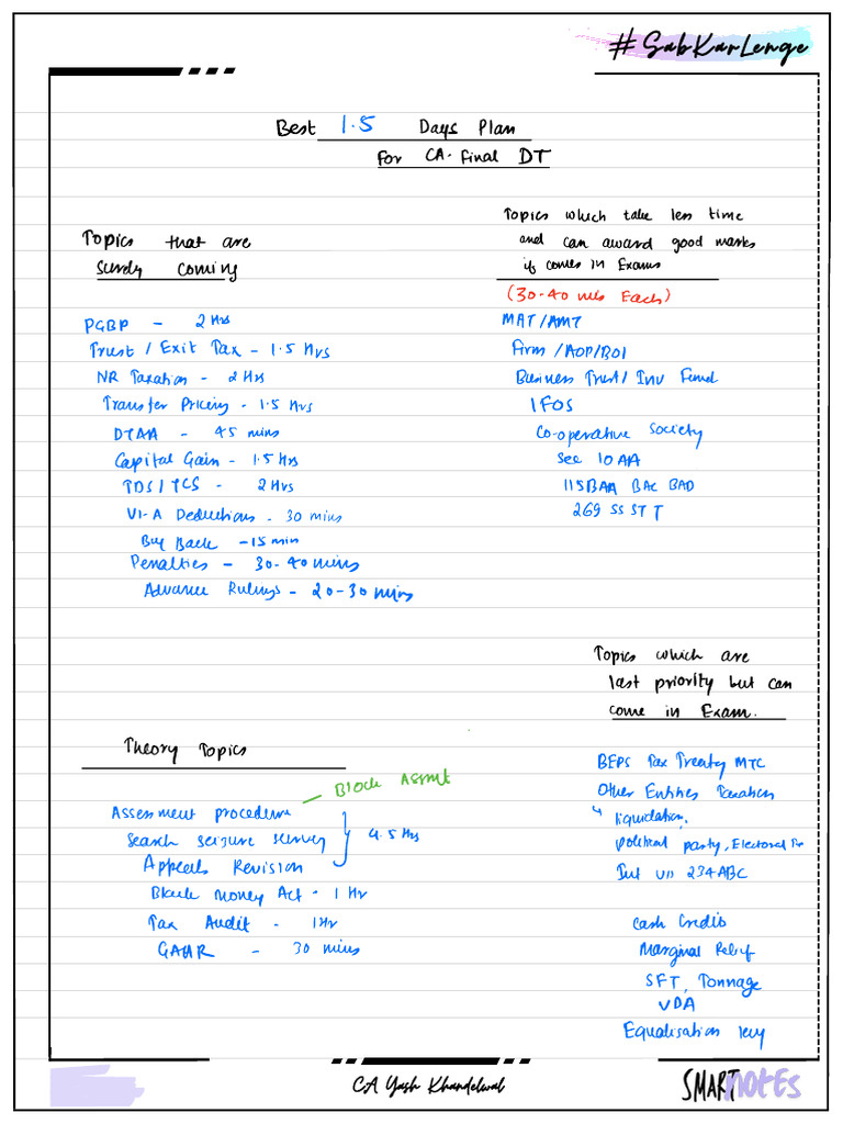 DT 1-1.5 Days Plan & Imp Topics - Yash Khandelwal | PDF | Taxes | Business