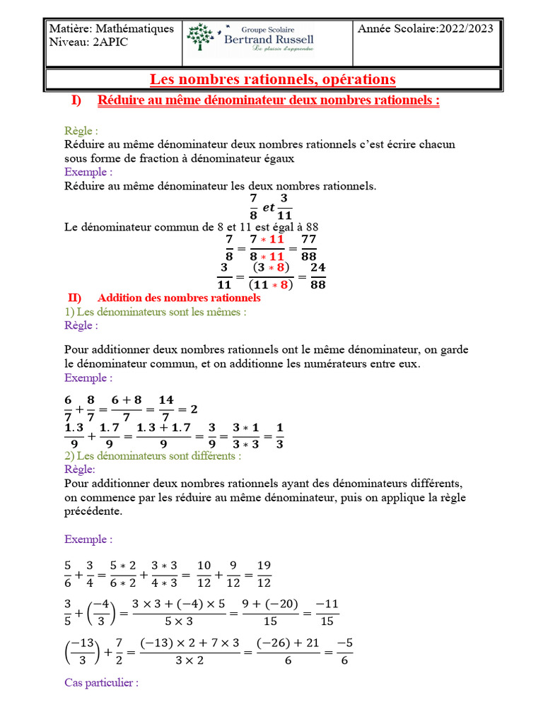 Opérations sur les Nombres Rationnels | PDF | Nombre rationnel ...