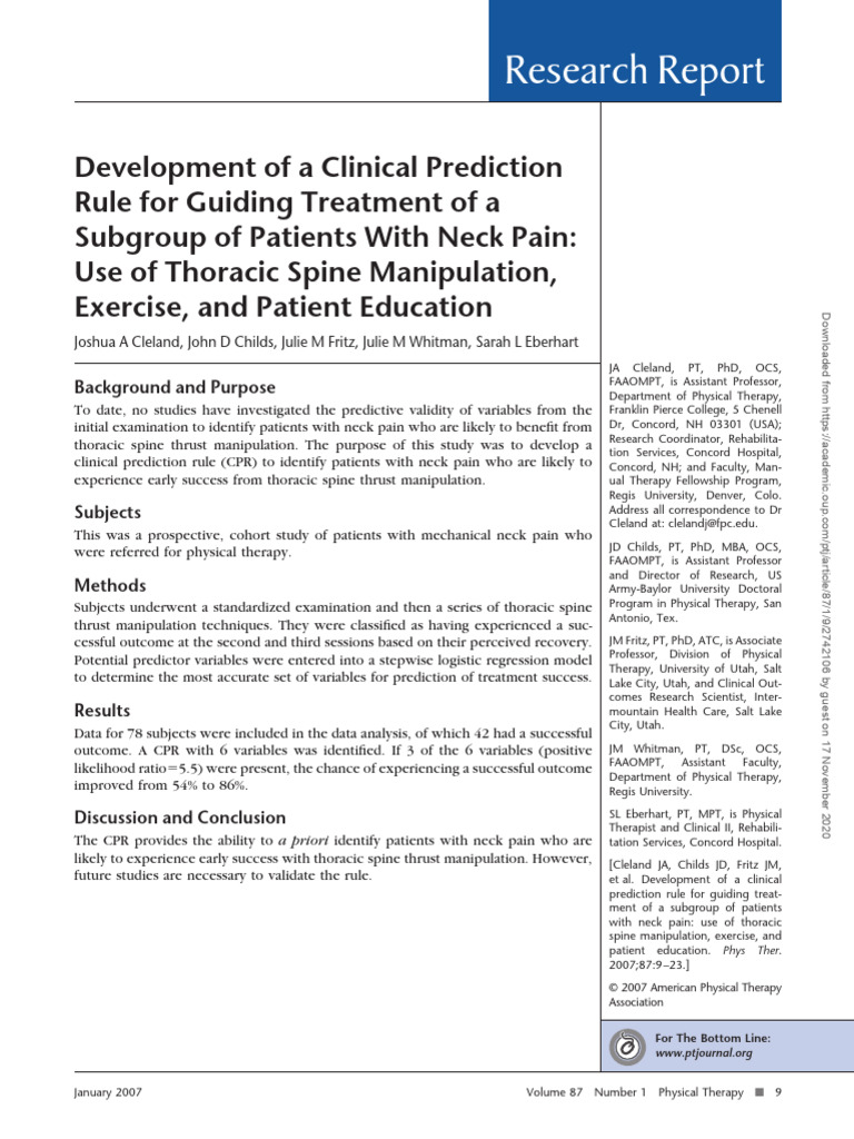 Development of a Clinical Prediction Rule for Guiding Treatment of a ...