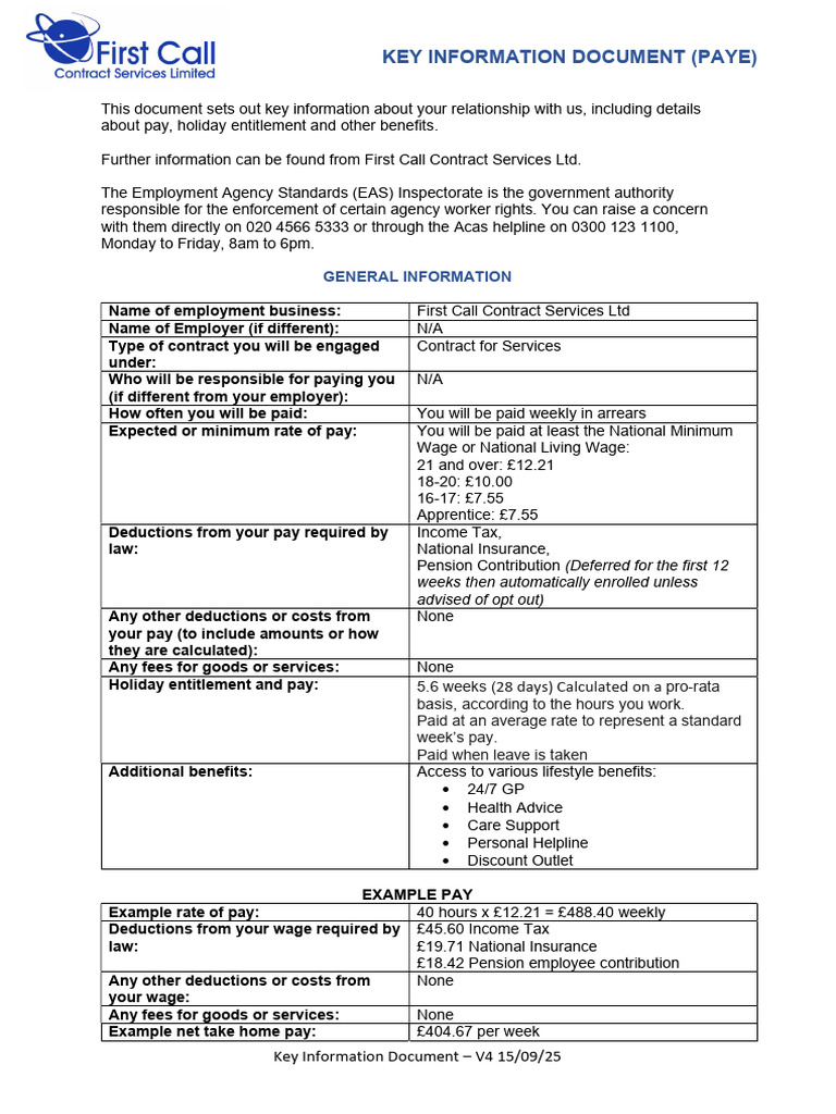 Key Information Document - V4 15.09.25 (1) | PDF | Employment | Business