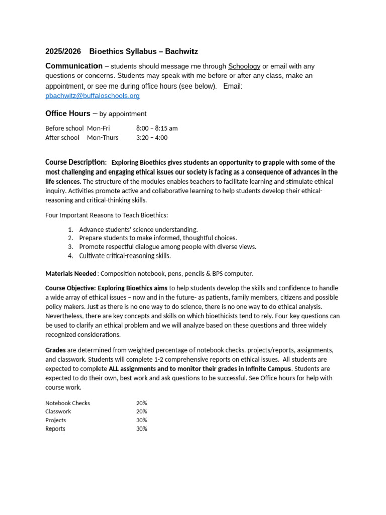 2025/2026 Bioethics Course Syllabus | PDF | Bioethics | Critical Thinking