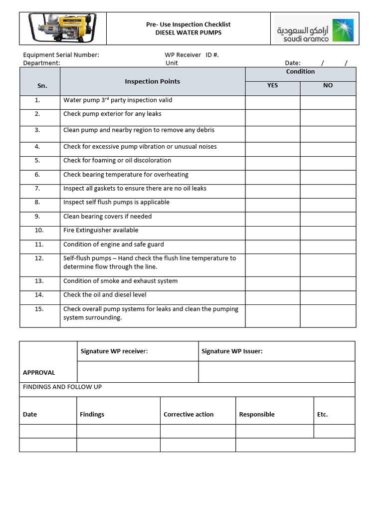 Diesel Water Pump Inspection Checklist | PDF