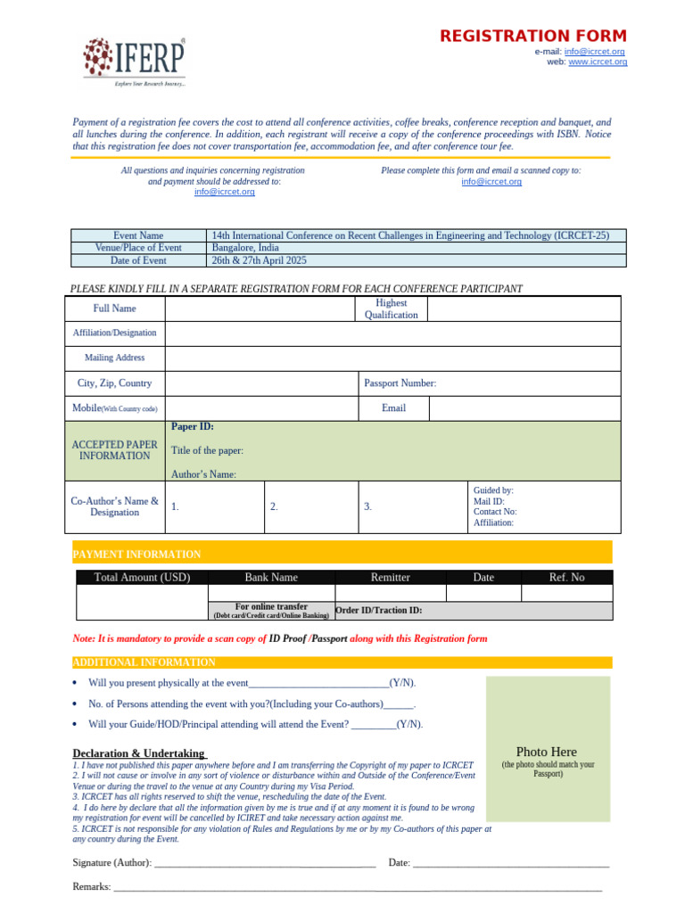 ICRCET 2025 Conference Registration Form | PDF