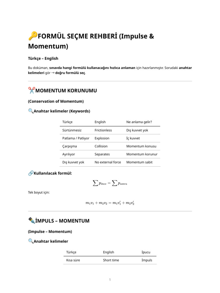 Impulse & Momentum - Formula Selection Guide (Tr-En) | PDF