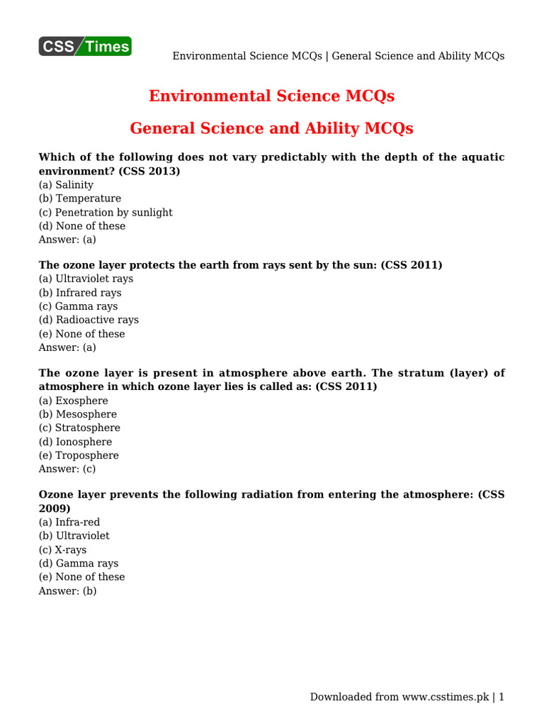 Environmental Science MCQs for CSS Exam | PDF | Oxide | Atmosphere Of Earth