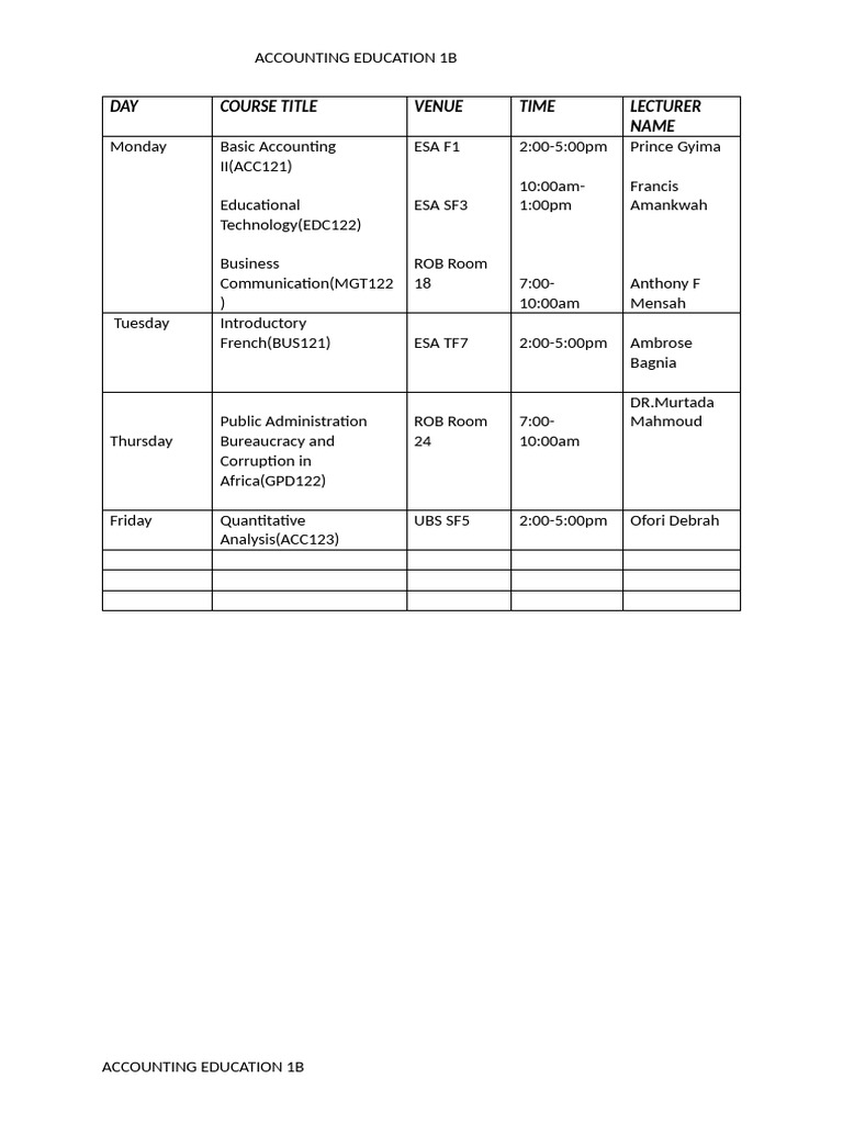 ACC 1B Time Table | PDF