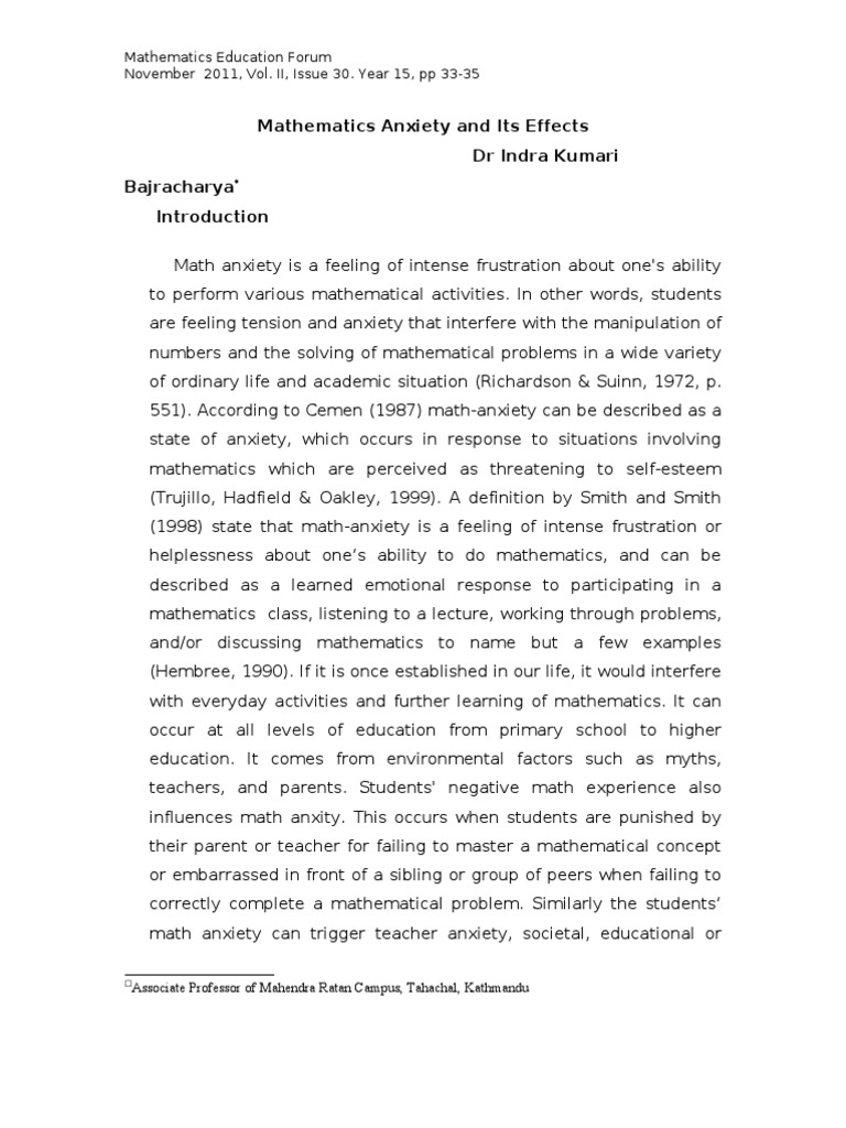 Math Anxiety and Its Effects1 | PDF | Anxiety | Clinical Psychology