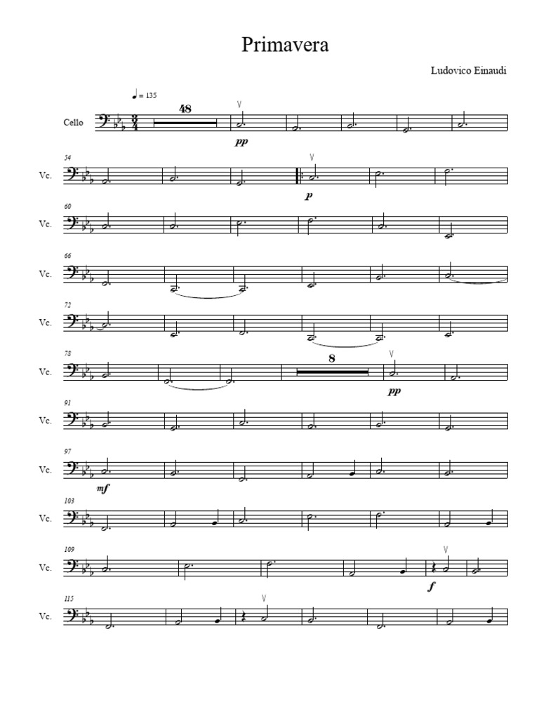Cello Sheet Music: Primavera by Einaudi | PDF