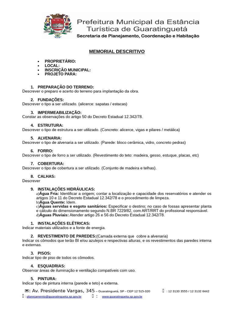 Memorial Descritivo de Construção | PDF | Alvenaria | Materiais