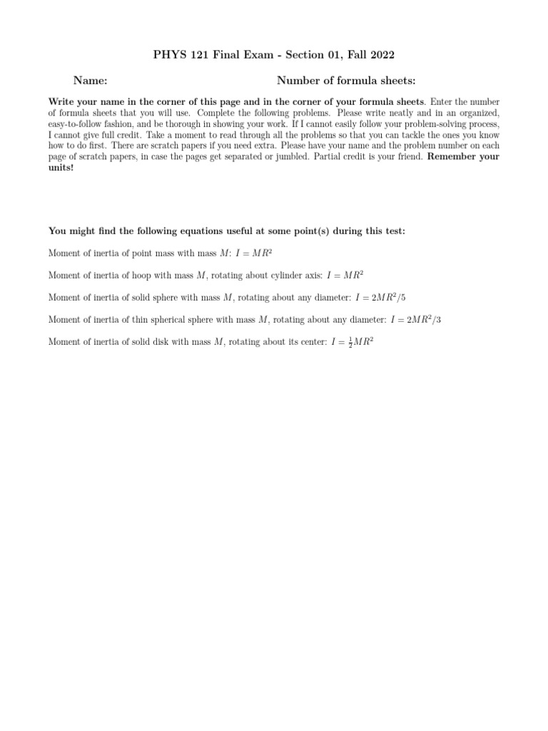 PHYS 121 Fall 2022 Final Exam Guide | PDF | Heat Capacity | Oscillation