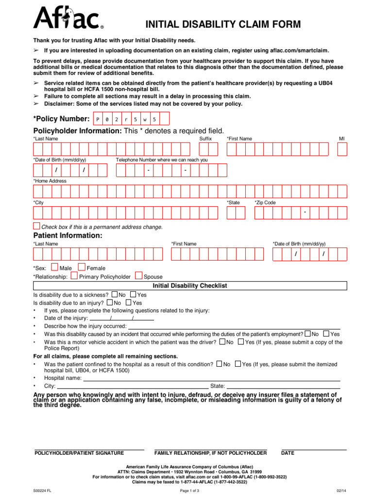 Aflac Initial Disability Claim Form | PDF | Health Care