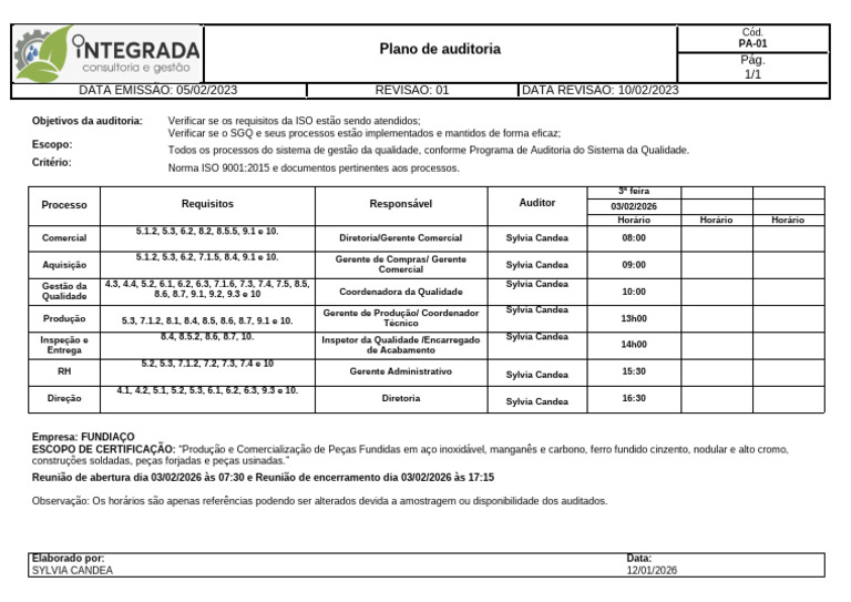 Plano de Auditoria ISO 9001:2015 | PDF | Materiais | Ferro