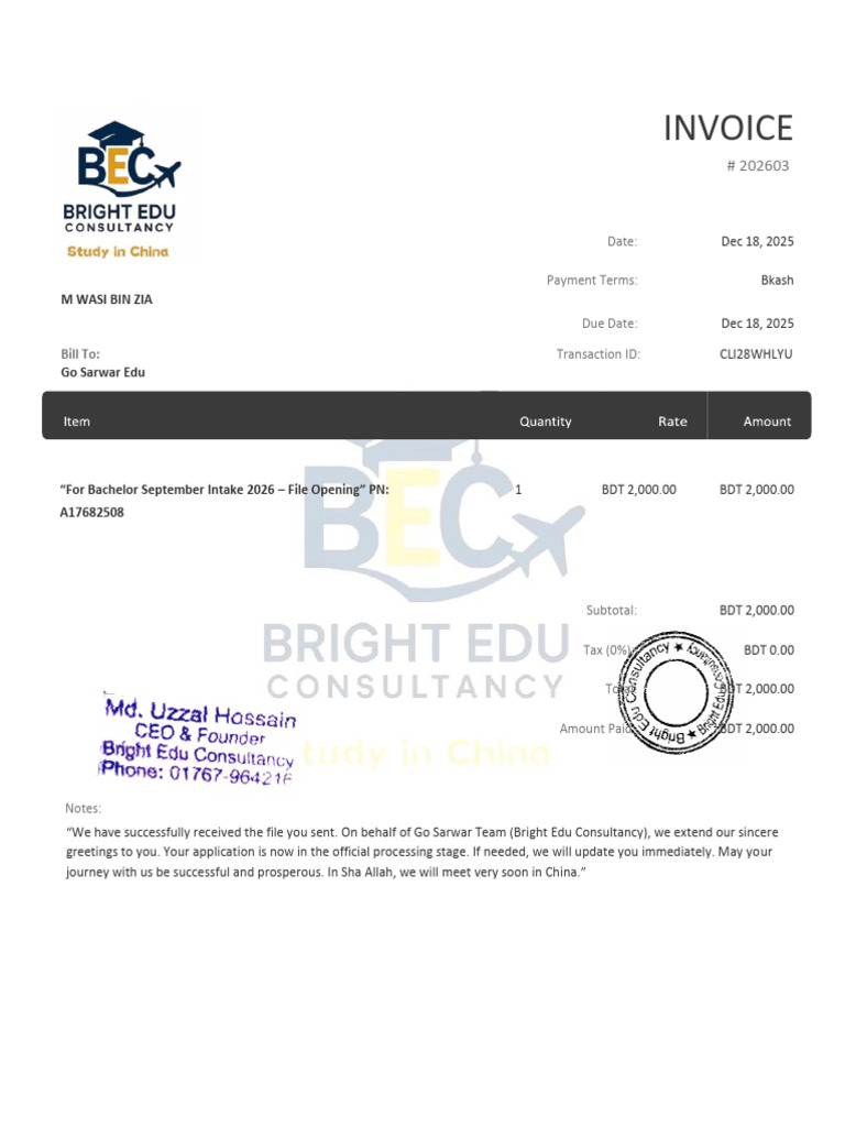 Invoice for Bachelor Intake 2026 | PDF