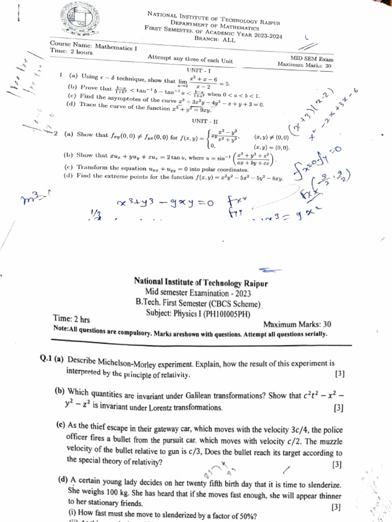 Mid-Sem Exam Papers for B.Tech 2023-24 | PDF | Educational Stages ...