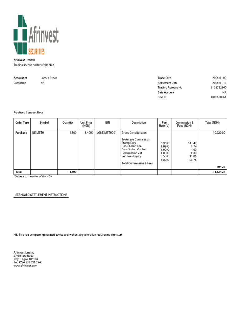 Afrinvest Trading Summary for NEIMETH | PDF | Taxes | Payments