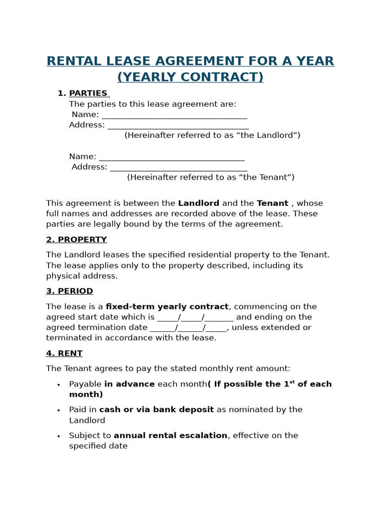 Yearly Rental Lease Agreement Template | PDF | Lease | Landlord