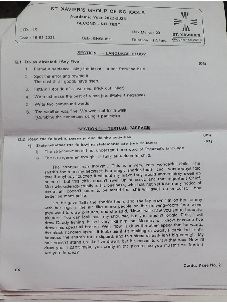 2nd Unit Test Papers 9th STD | PDF