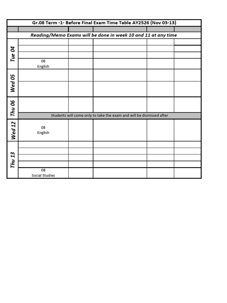 Grade 8 Exam Schedule AY2526 | PDF