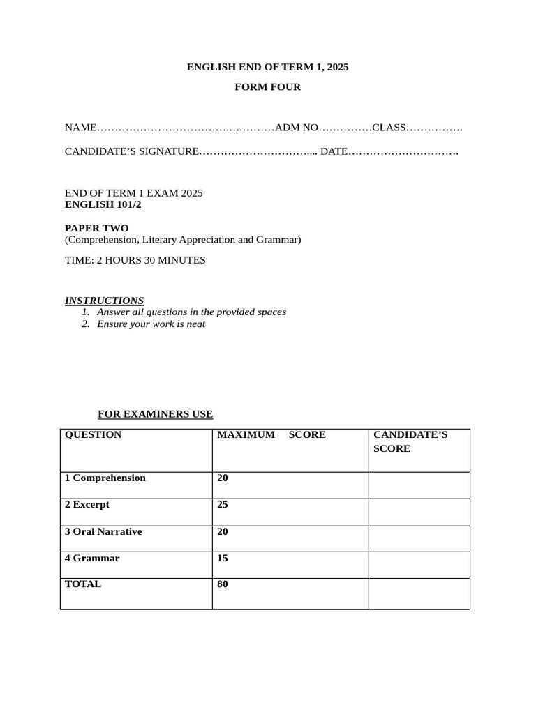 English End of Term Exam 2025: Paper 2 | PDF | Ellipsis | Disciplines