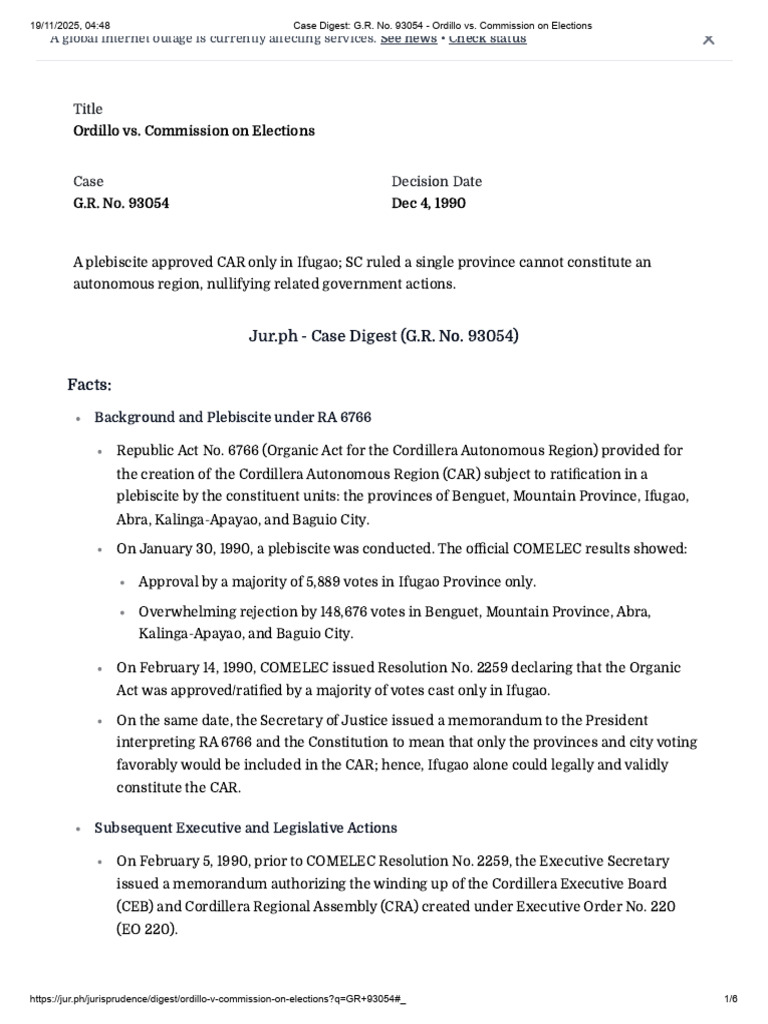 Ordillo vs. COMELEC: CAR Legality Ruling | PDF | Justice | Crime & Violence