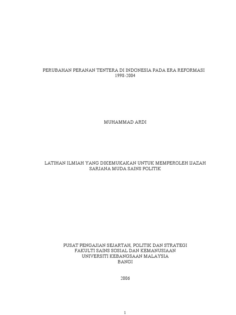Perubahan Peranan Tentera Di Indonesia Pada Era Reformasi 1998 2004 Pdf