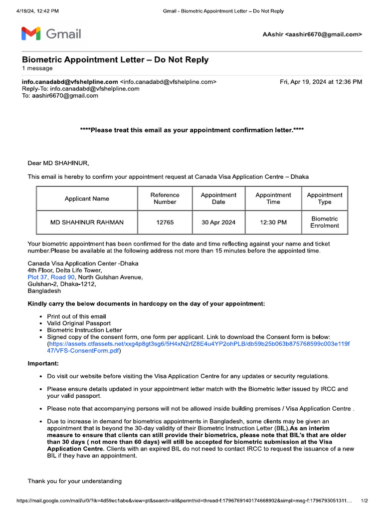 Biometric Appointment Letter | PDF