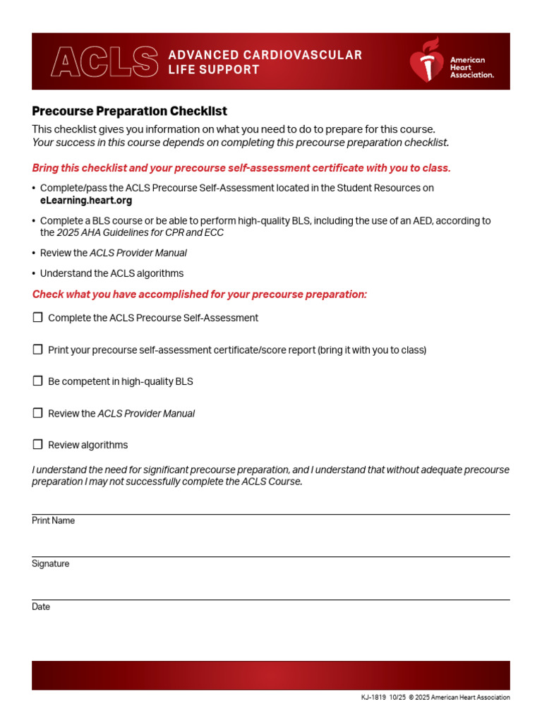 1402 KJ-1819 ACLS Traditional Precourse Chcklst | PDF