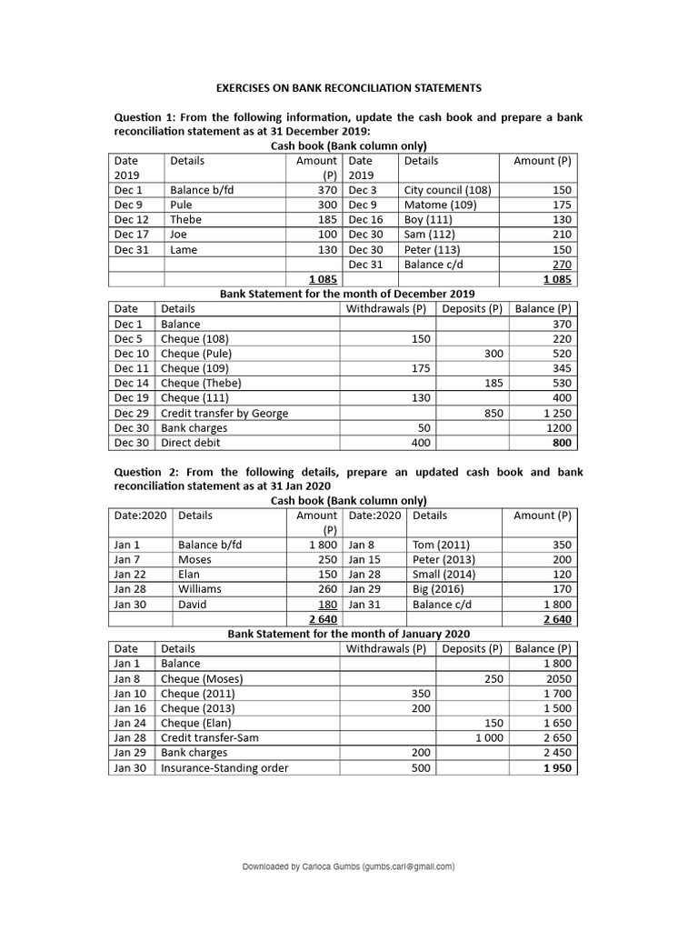 Bank Reconciliation Exercises 2019-2020 | PDF | Banks | Debits And Credits