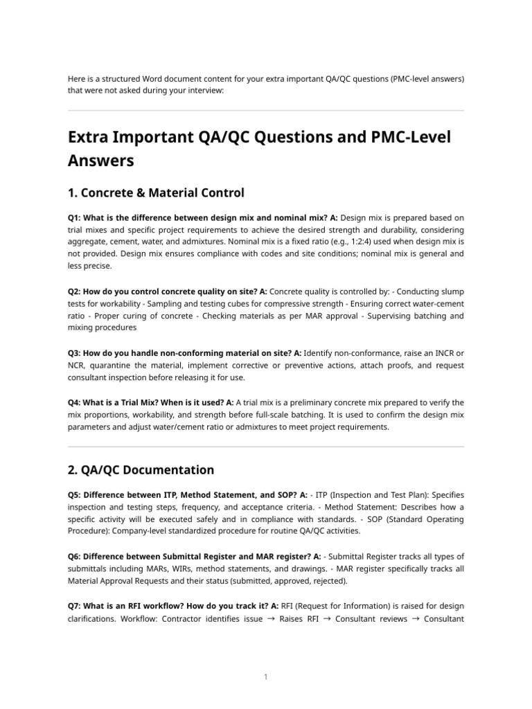 Essential QA/QC Questions & Answers | PDF | Concrete | Building Materials