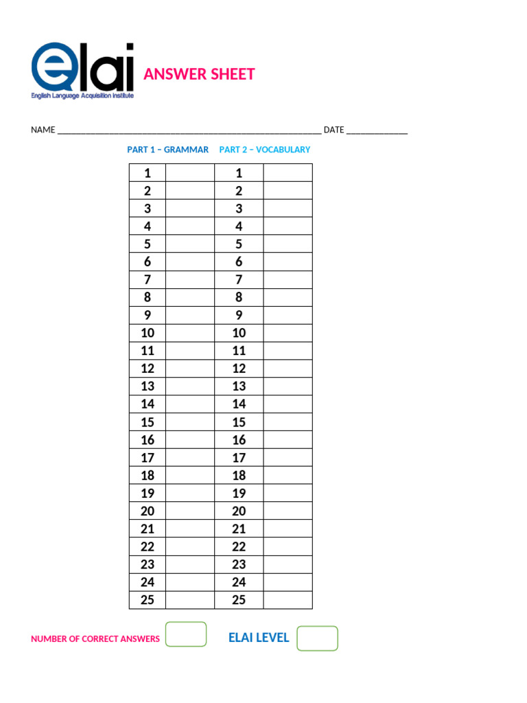 Grammar and Vocabulary Answer Sheet | PDF