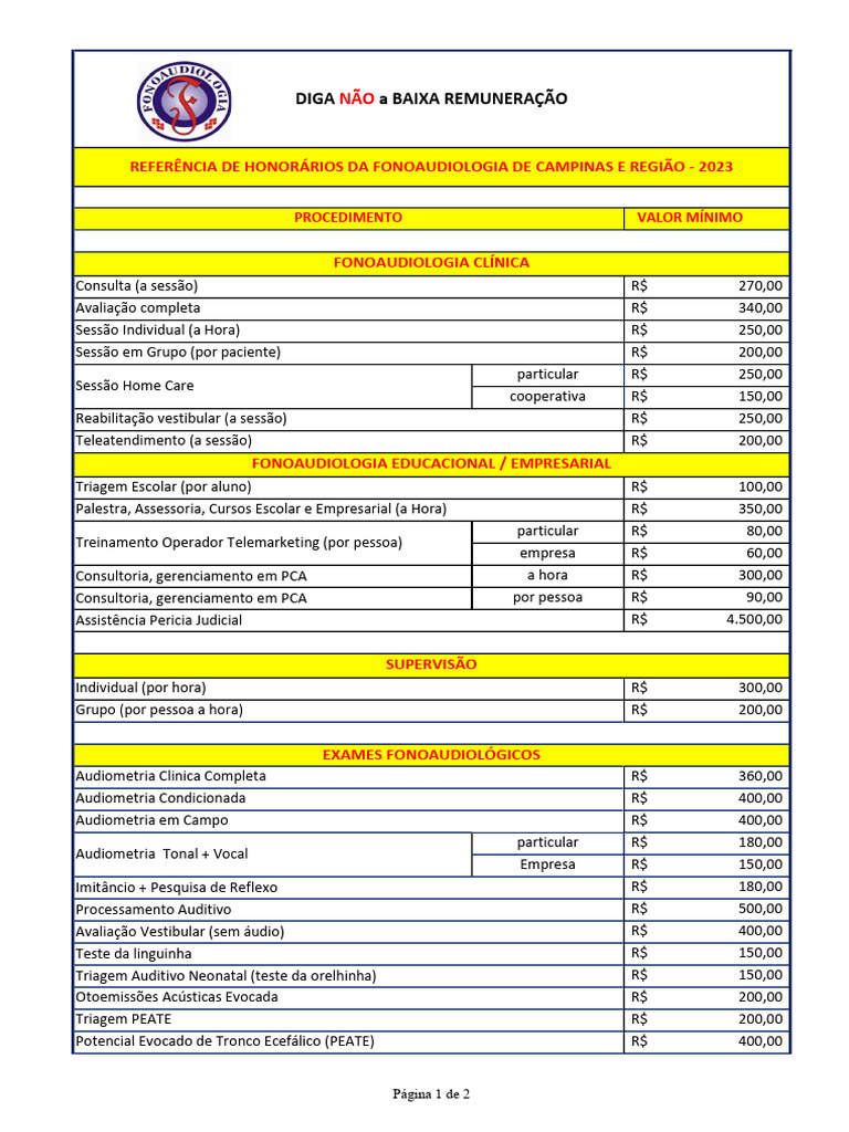 Honorários de Fonoaudiologia 2023 | PDF | Audição | Remédio