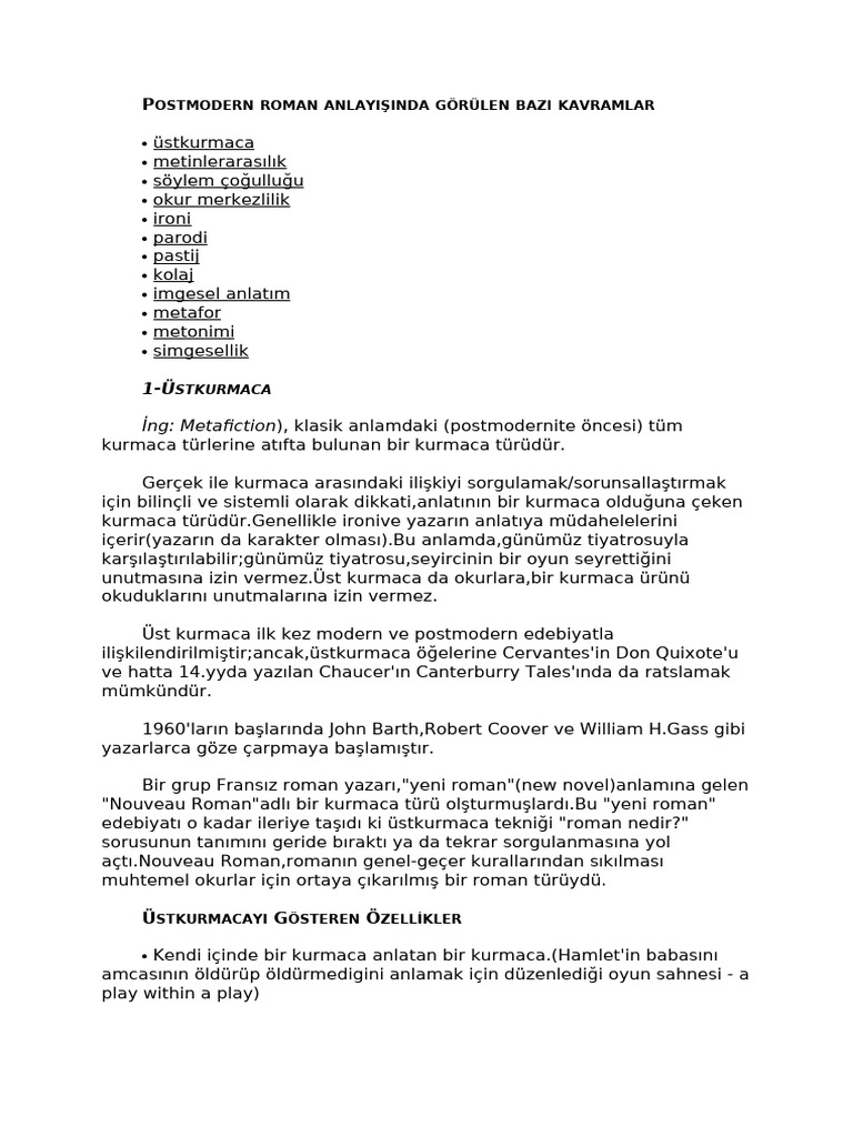 Postmodern Roman Anlayişinda Görülen Bazi Kavramlar | PDF