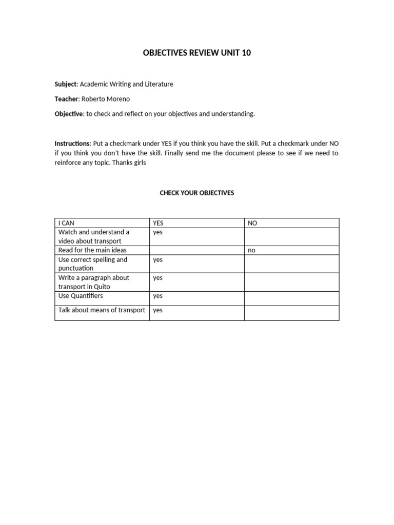 Unit 10 Objectives Review Checklist | PDF