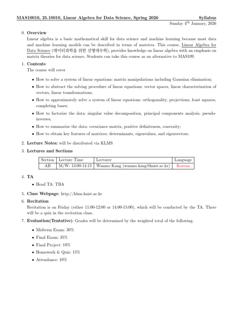 Linear Algebra for Data Science Syllabus | PDF | Matrix (Mathematics ...