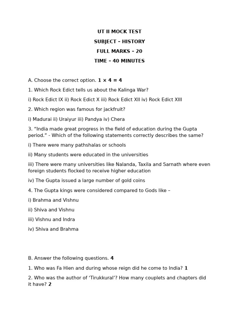 History UT II Mock Test Questions | PDF